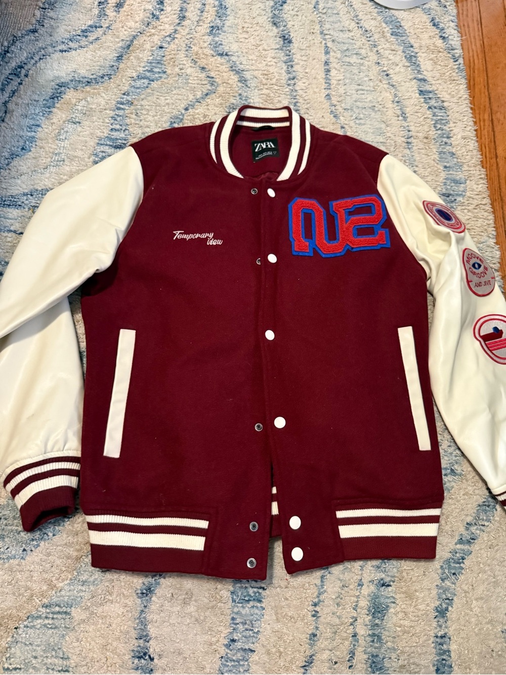 Zara Maroon and White Letterman Varsity Jacket
